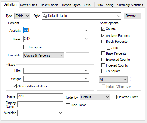 Analysis Definition for a table showing counts and percents