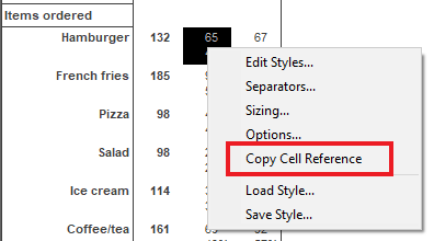 Insert a table cell value using the Copy Cell Reference menu