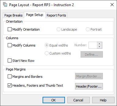 Page Layout instruction setting up the headers, footers and thumb text