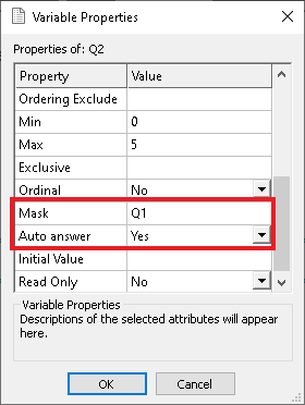 Set the mask and auto answer in the variable properties
