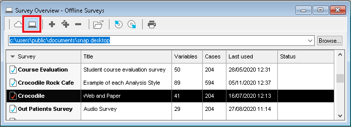 Survey overview window showing the offline surveys