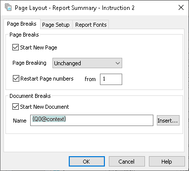 Page layout instruction starting a new report document for each context