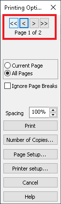 Printing Options navigation bar