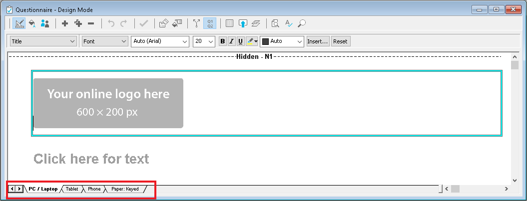 Questionnaire window showing the editions tabs