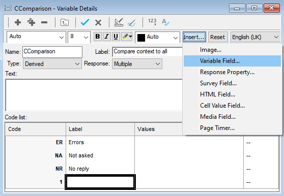 Insert menu for a variable field