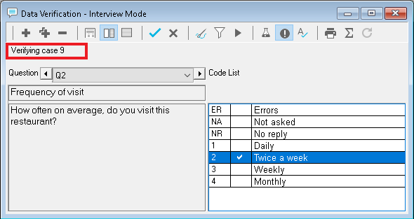 Verifying data responses entered in the Data Entry window