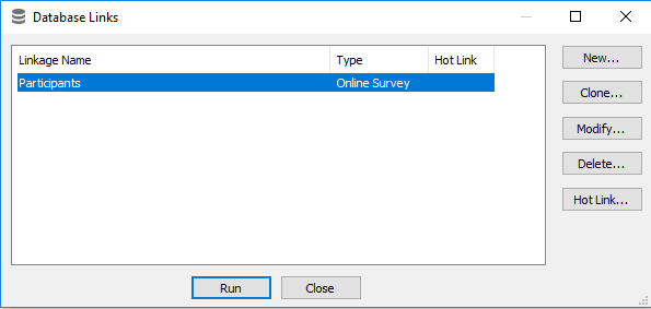 Database links dialog listing the links for the survey