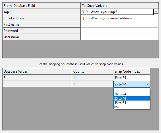 Mapping database fields and field values to the survey variables