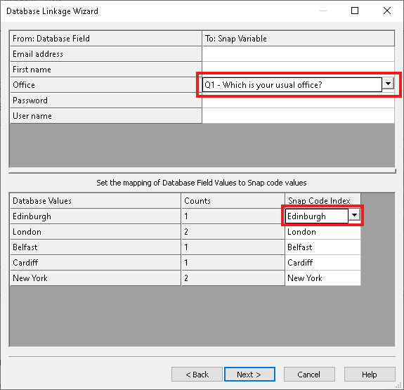 Mapping database fields and field values to the survey variables