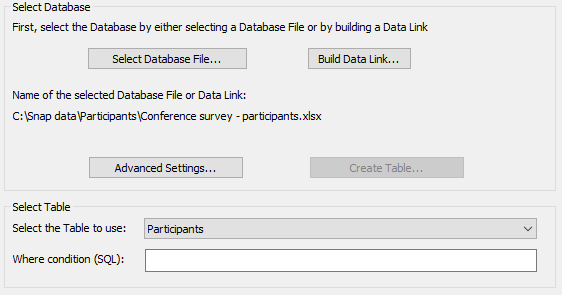 Select the database file or build a database link