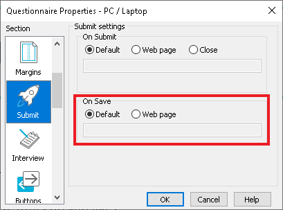 Set the default web page to display when the participant saves the questionnaire