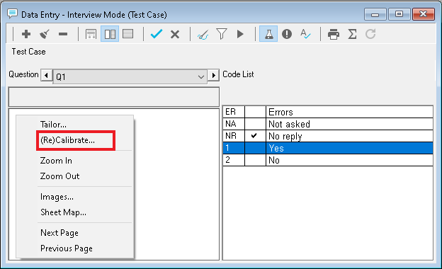 Select the (Re)Calibrate option in the Data Entry window
