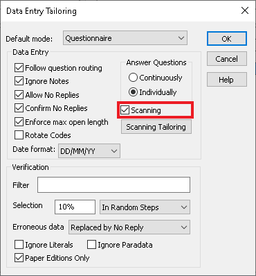 Activating scanning in the Data Entry Tailoring dialog