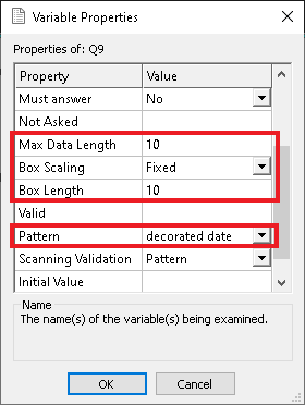 Change the length and pattern properties for a date question