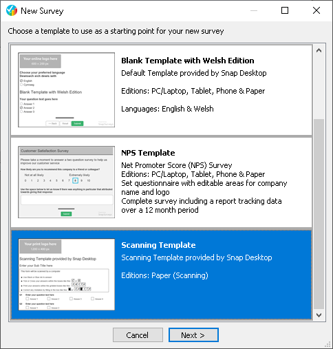 Selecting the Scanning template for a new scanning survey