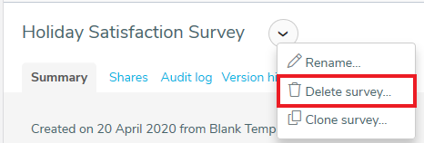 Action menu highlighting the Delete survey menu