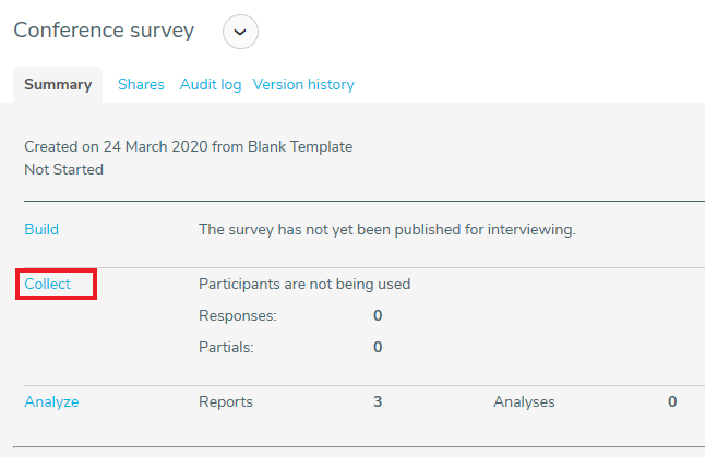 Summary tab for the selected survey with Collect highlighted