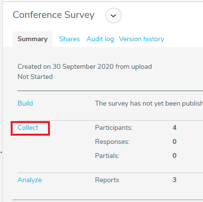 Summary tab for the selected survey with Collect highlighted