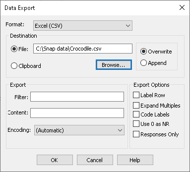 Data export to an Excel file