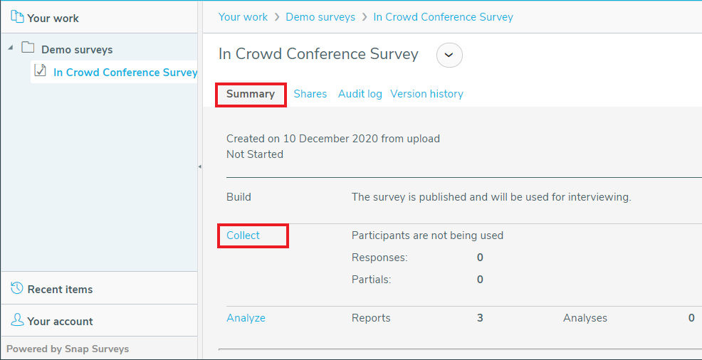 Summary tab for the selected survey with Collect highlighted