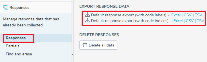 Download the data responses to an export file