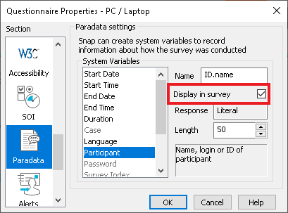 Display the Participant paradata in Questionnaire properties