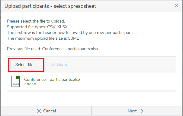 Upload participants wizard - select the spreadsheet