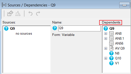 Sources and dependencies window