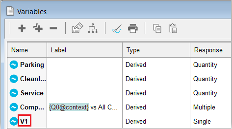 Variables window showing the list of variables in the survey