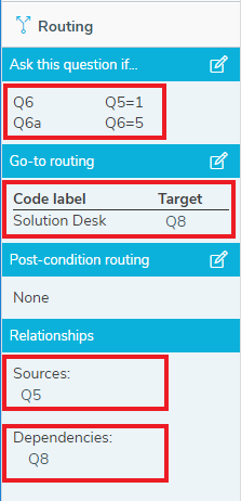 Routing side menu showing the routing relationships for the selected question