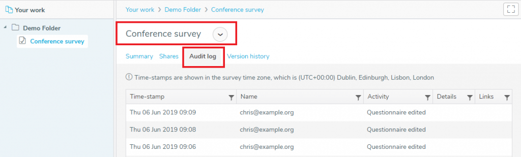 Survey audit log
