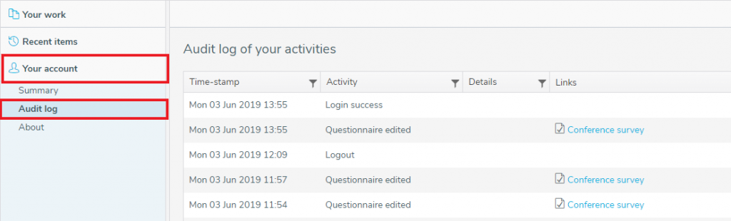 Audit log of the Snap Online account activities