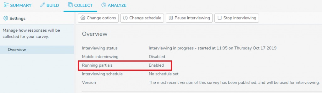 Collect tab showing the Running partials setting