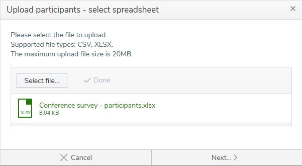 Upload participants wizard - select the spreadsheet