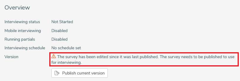 Warning message that the survey has changed after publishing