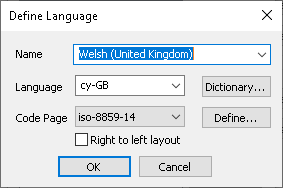 Adding the Welsh language in the Define language dialog