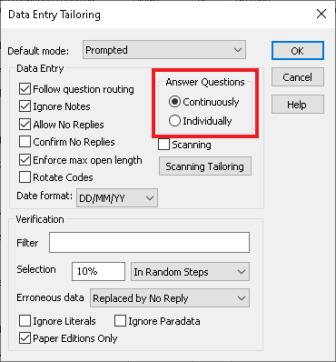 Data Entry Tailoring dialog with Answer Questions options highlighted