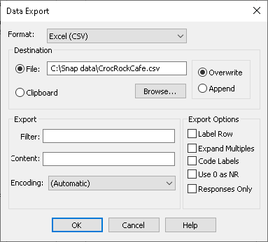 Data Export window with the destination file selected