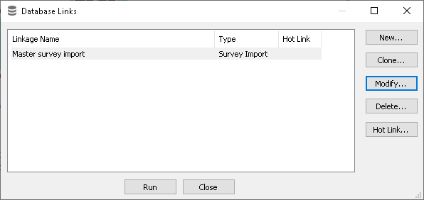 Database Links dialog showing the survey import