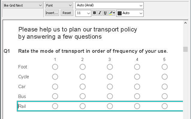 Grid Question rating the mode of transport
