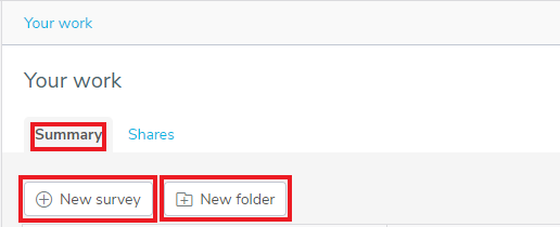 Summary tab with New survey and New folder buttons