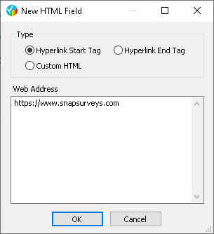 New HTML Field dialog with web address entered