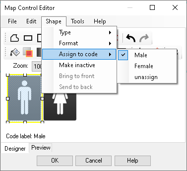 Map Control Editor showing the Assign to code selection