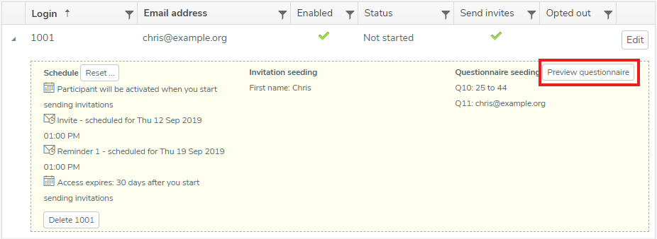 Preview questionnaire with the participant seeding