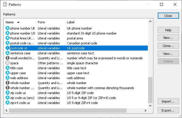 Patterns dialog showing the patterns that are supplied with Snap Desktop