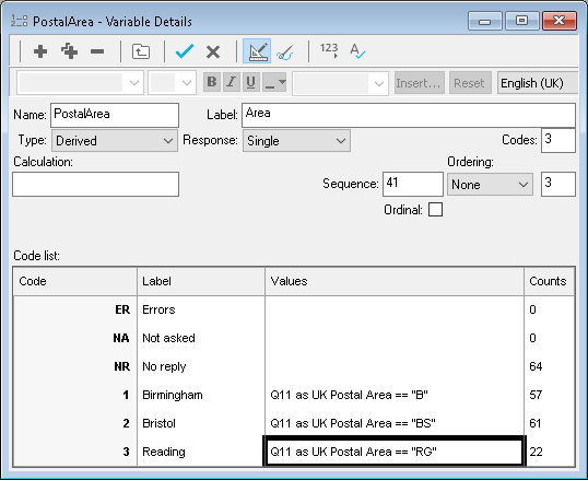 Derived variable categorizing postcodes by postal area