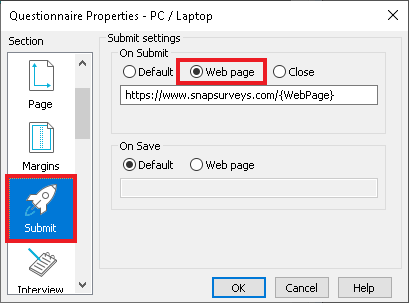 Questionnaire properties showing the custom web page