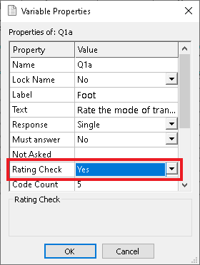 Variable properties with Rating Check set to Yes