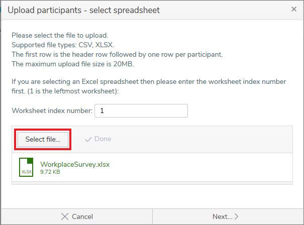 Upload Participants wizard highlighting the Select file button