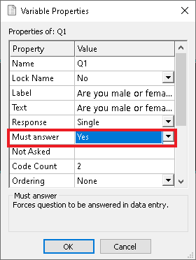 Variable Properties with Must answer set to Yes